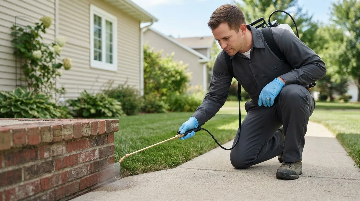 Pest control technician treating a home near Red Level, AL